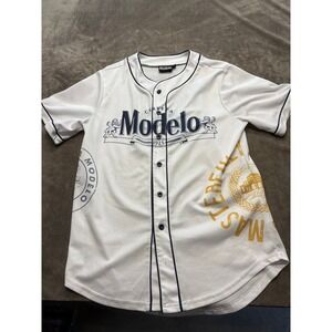 Modelo Beer Baseball Jersey White Navy Blue Short Sleeve Button Up Shirt